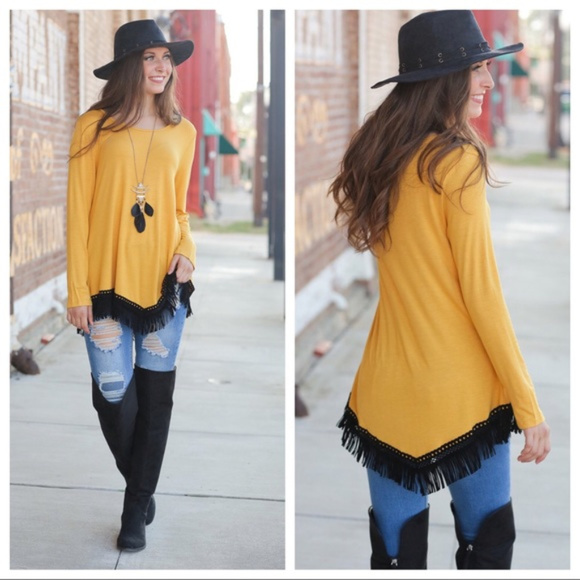 Infinity Raine Tops - *ONE LEFT*Yellow/Mustard Tunic with Black V-Fringe